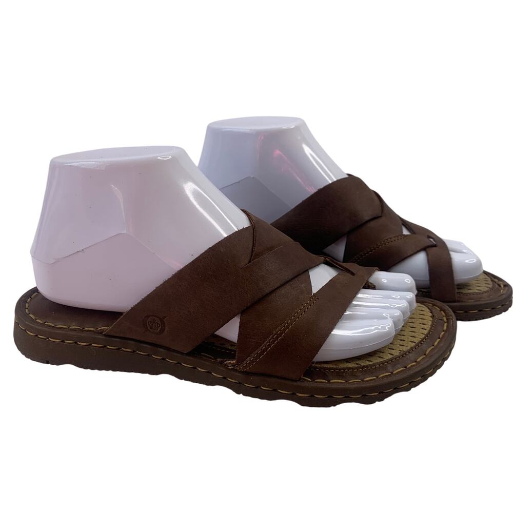Born Sorja Sport Womens Sz 7 Brown Leather Slide Sandals Flat Heel Crisscross
